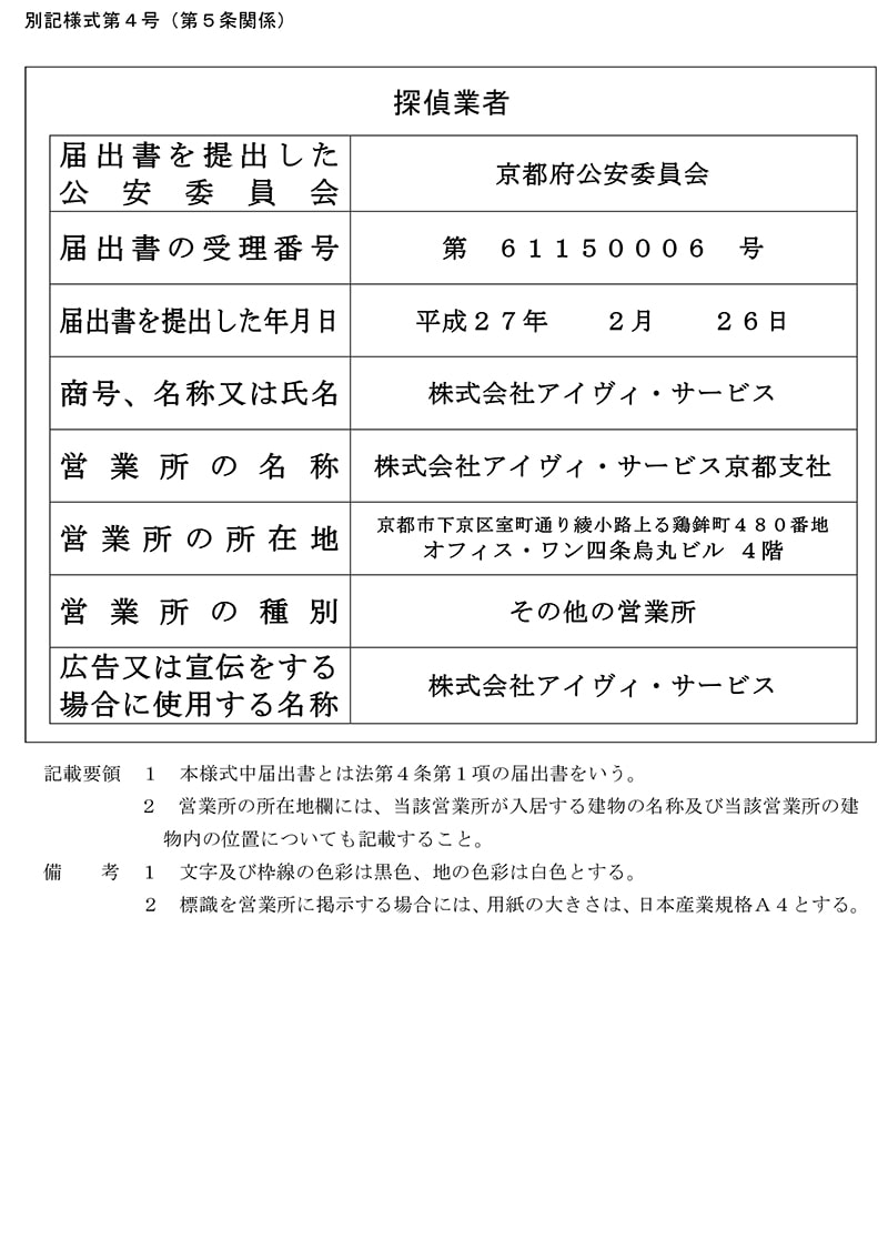 京都支社の探偵業標識のキャプチャ