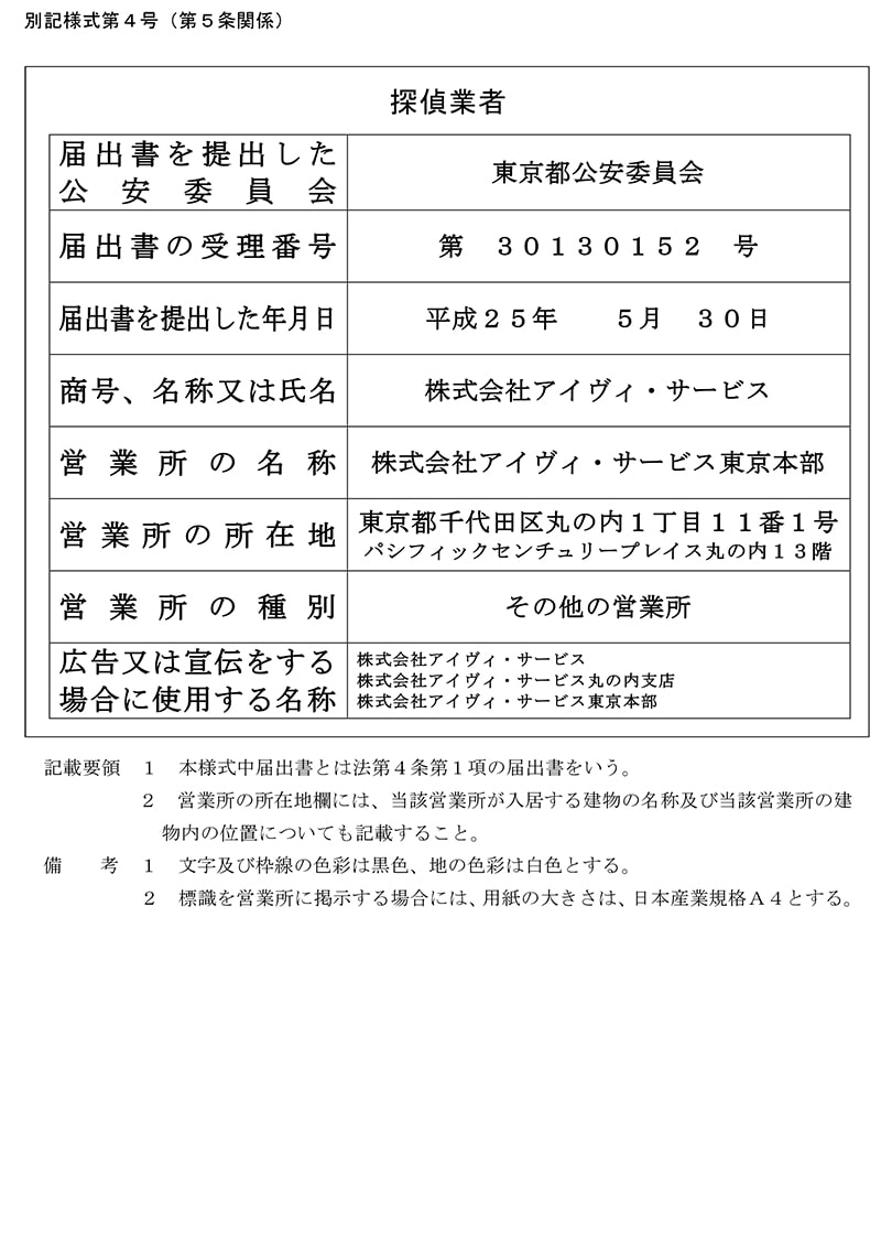 東京本部の探偵業標識のキャプチャ