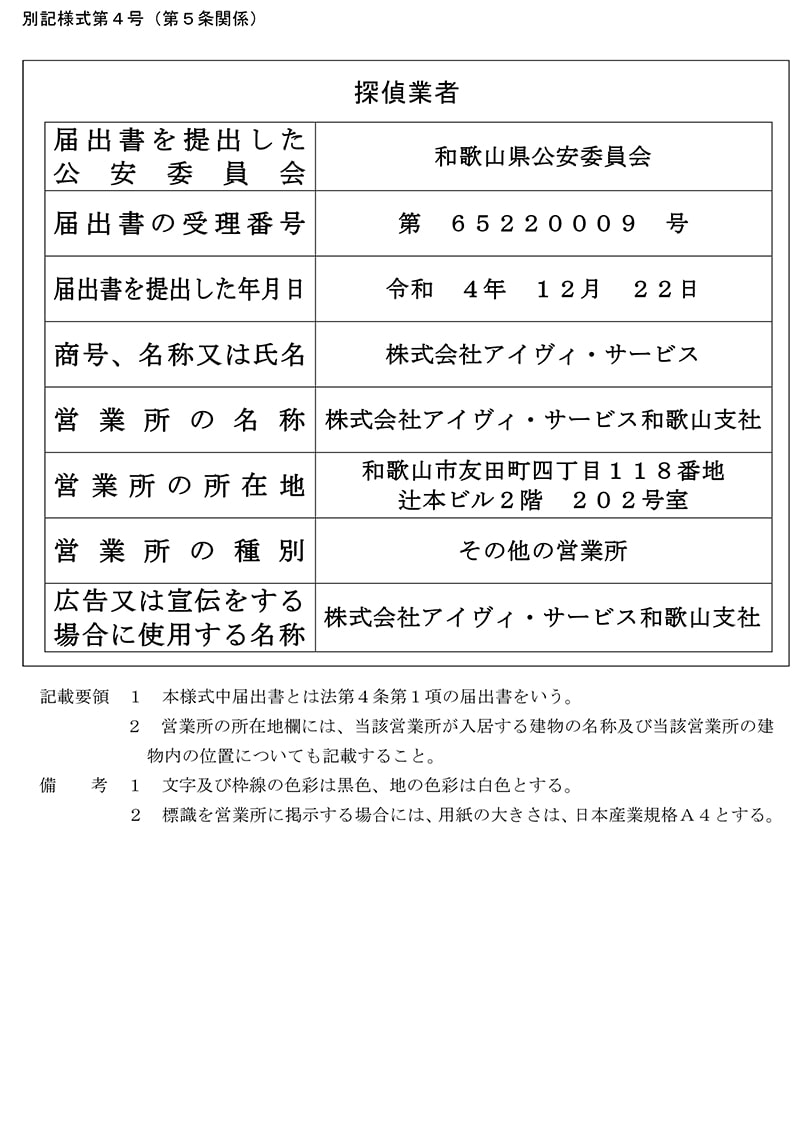 和歌山支社の探偵業標識のキャプチャ