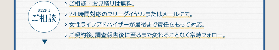 STEP1ご相談ご相談・お見積りは無料。24時間対応のフリーダイヤルまたはメールにて。女性ライフアドバイザーが最後まで責任をもって対応。ご契約後、調査報告後に至るまで変わることなく常時フォロー。