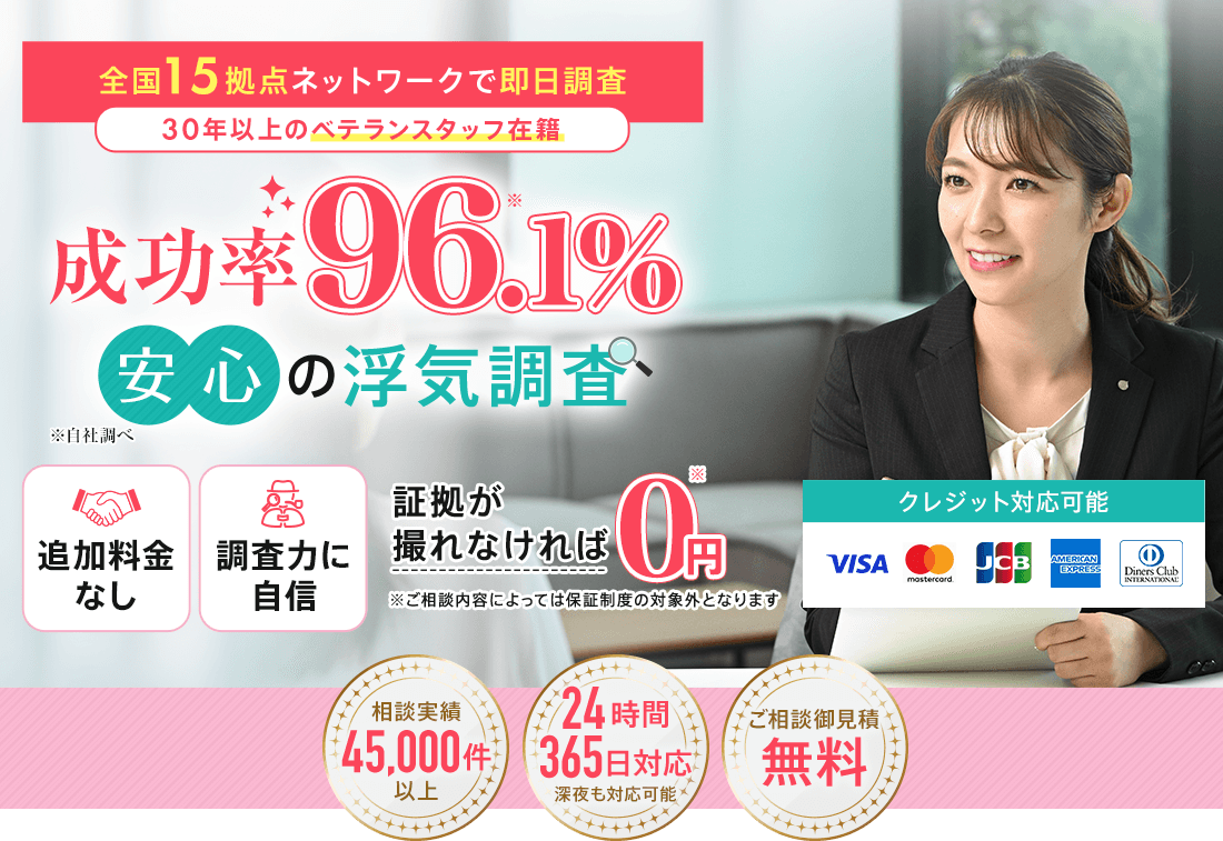 全国15拠点ネットワークで即日調査 30年以上のベテランスタッフ在席 成功率96.1% 安心の浮気調査 証拠が取れなければ0円